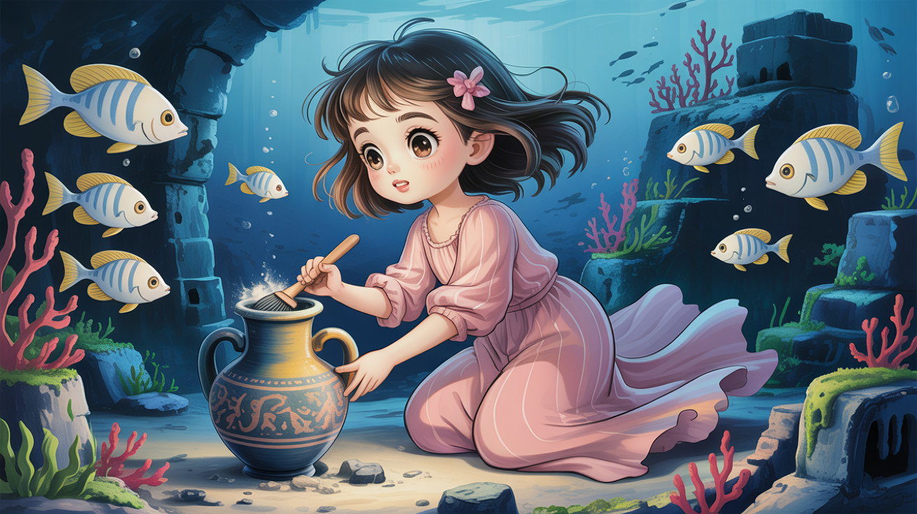 Anime Illustration of a Girl Cleaning a Vase Underwater