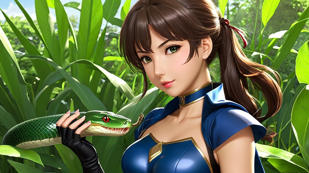 Female character in lush green environment with snake