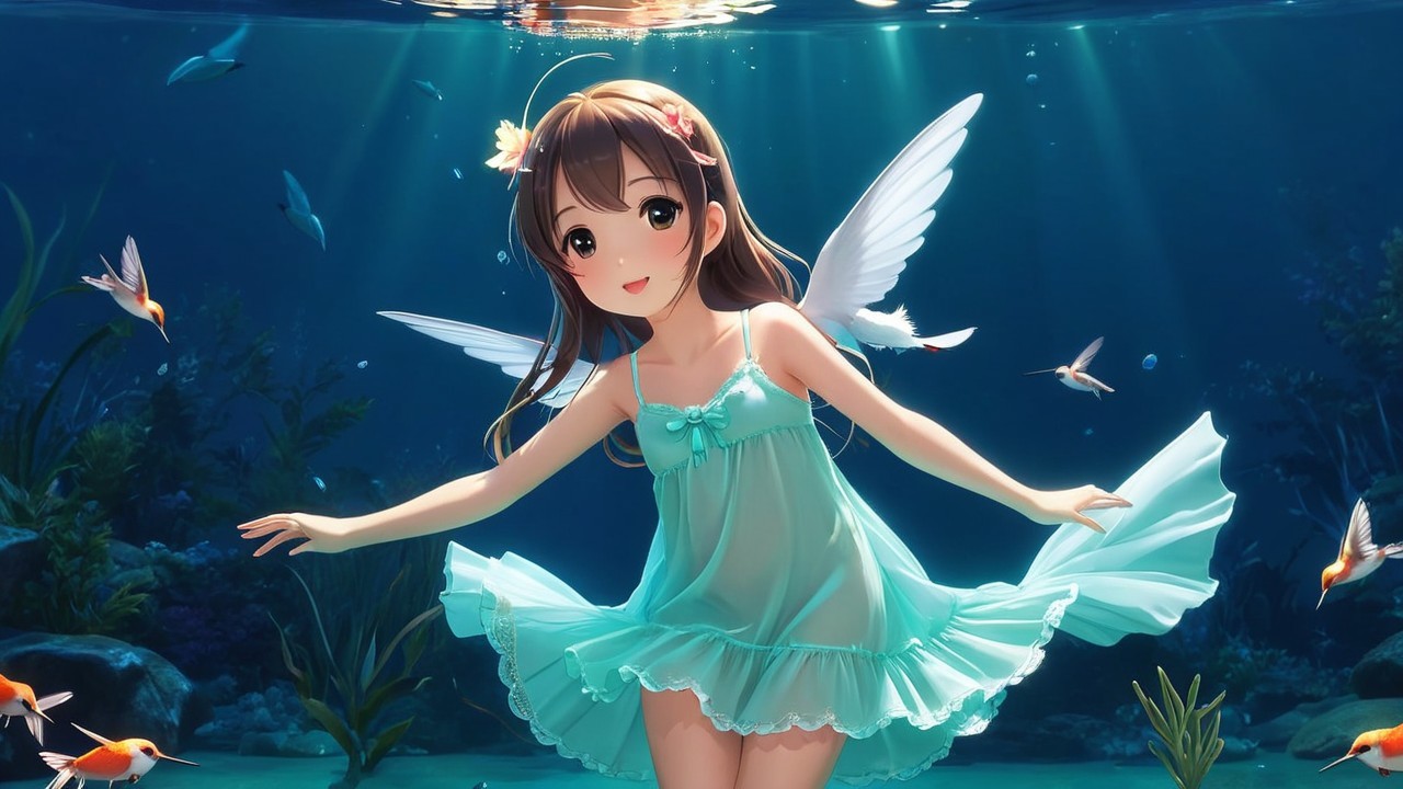 Whimsical Underwater Scene with a Winged Girl