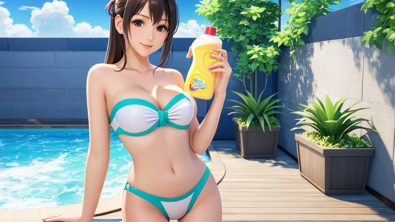 Young Woman by Pool in Trendy Bikini and Sunscreen