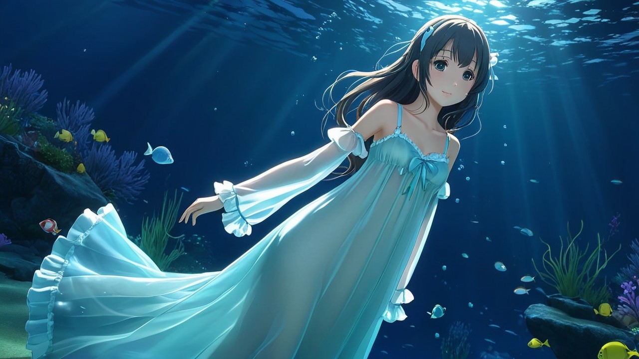 Underwater Scene with Girl in Blue Gown and Fish