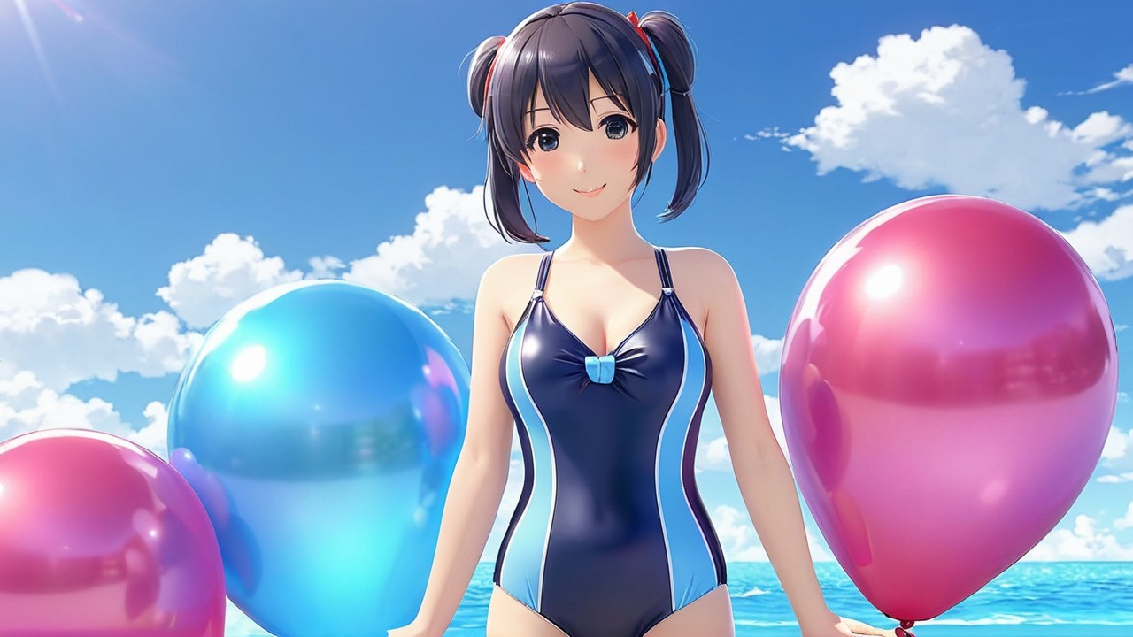 Cheerful Character on Sunny Beach with Balloons
