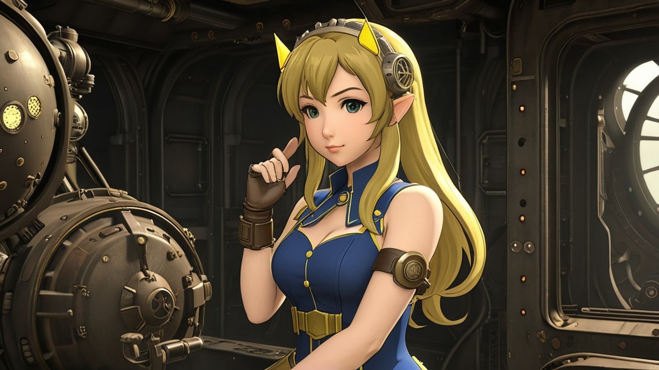 Female Character in Steampunk Setting with Machinery