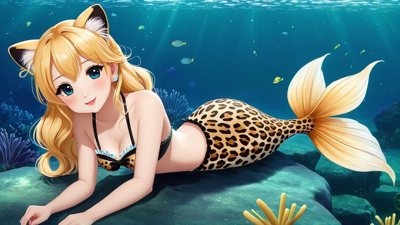 Playful Mermaid with Leopard-Print Tail in Coral Reef