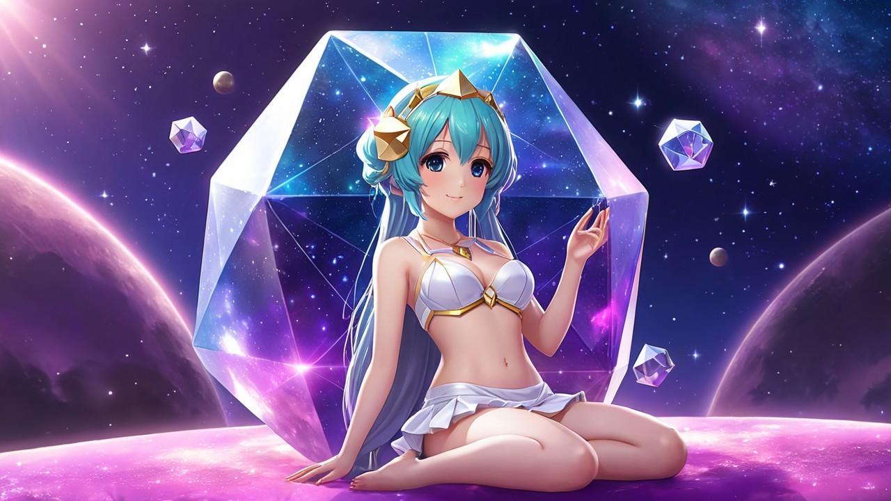 Digital Character in Space with Blue Hair and Gems