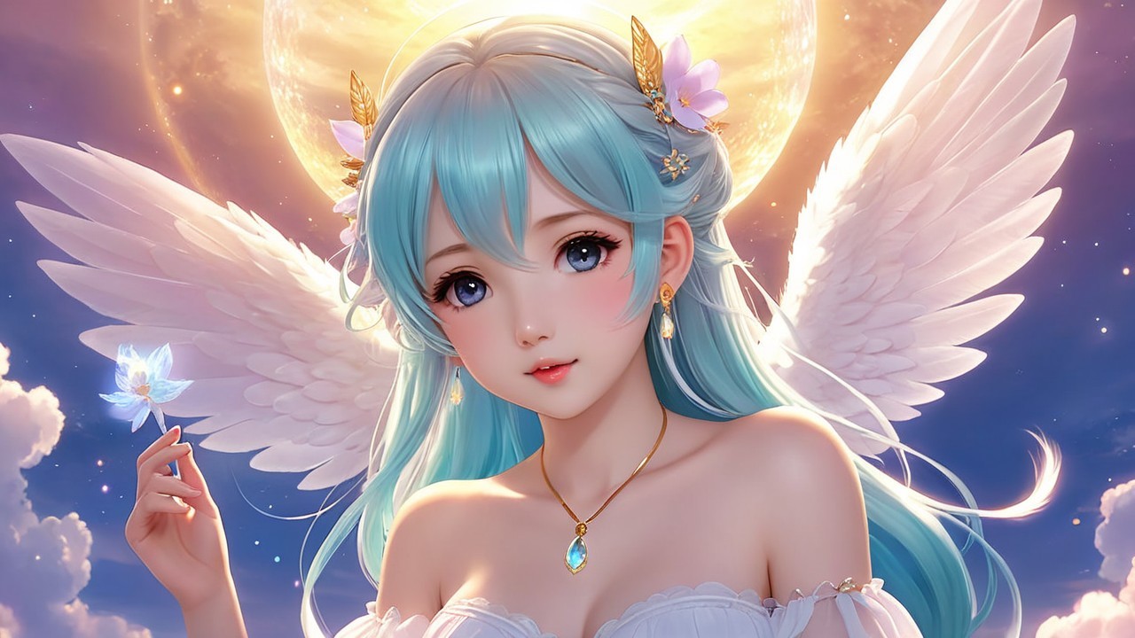 Celestial Figure with Teal Hair and Elegant Dress