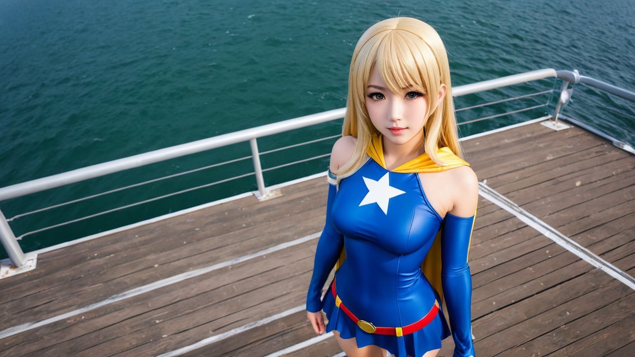 Superhero in Blue Costume on Wooden Pier by the Sea