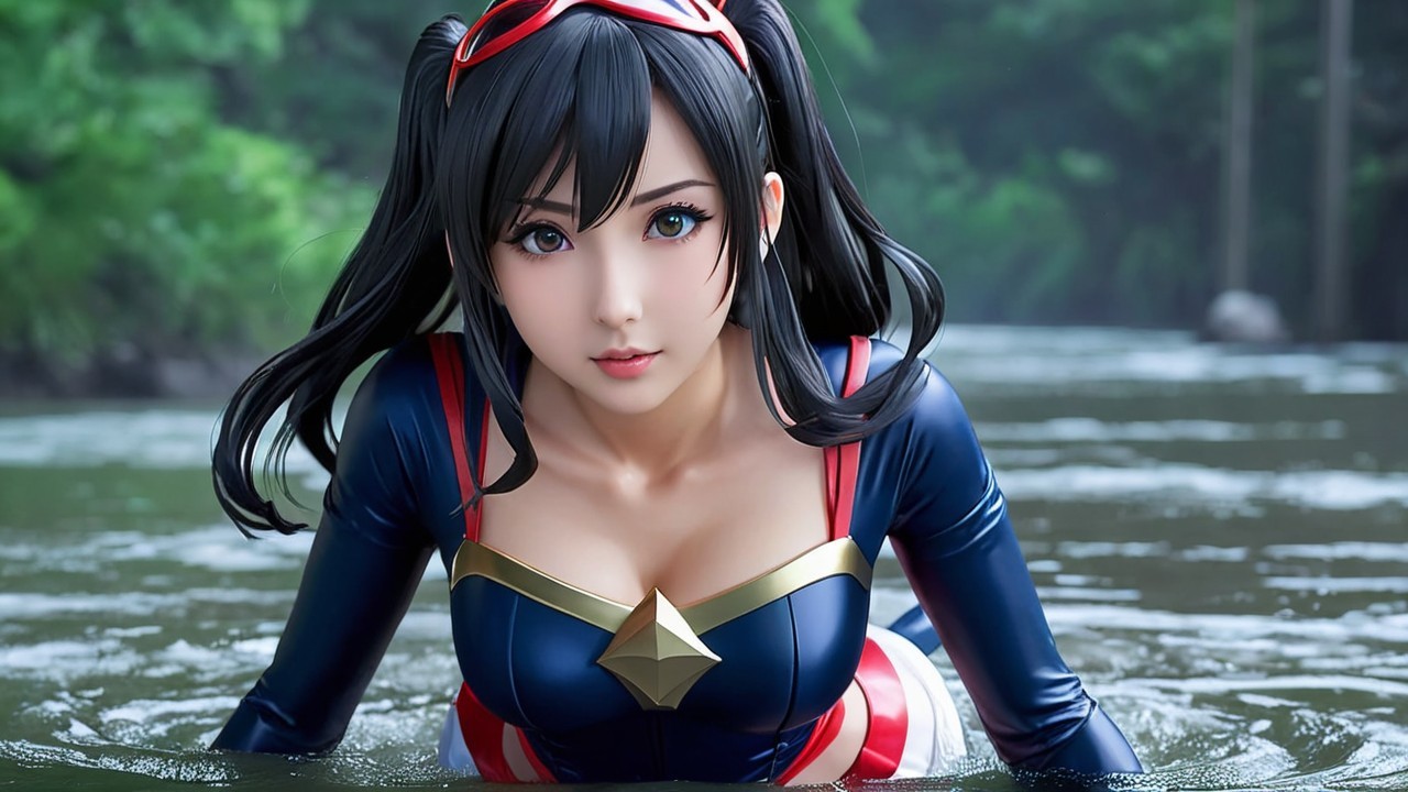 Young woman in superhero costume wading through river