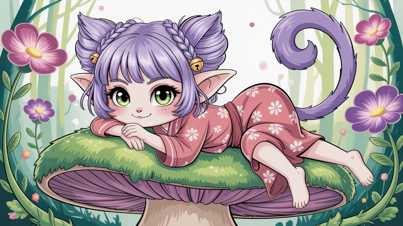 Chibi Elf Girl with Purple Hair in Floral Kimono
