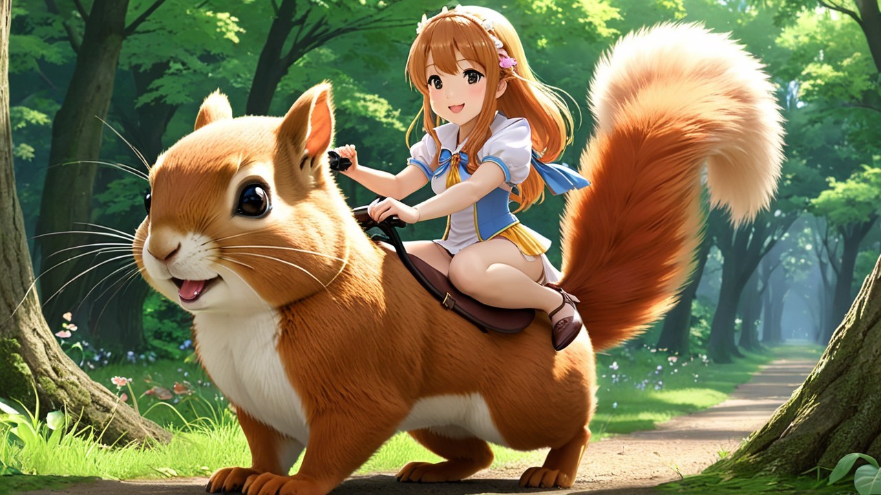 Cheerful girl riding a friendly squirrel in a forest