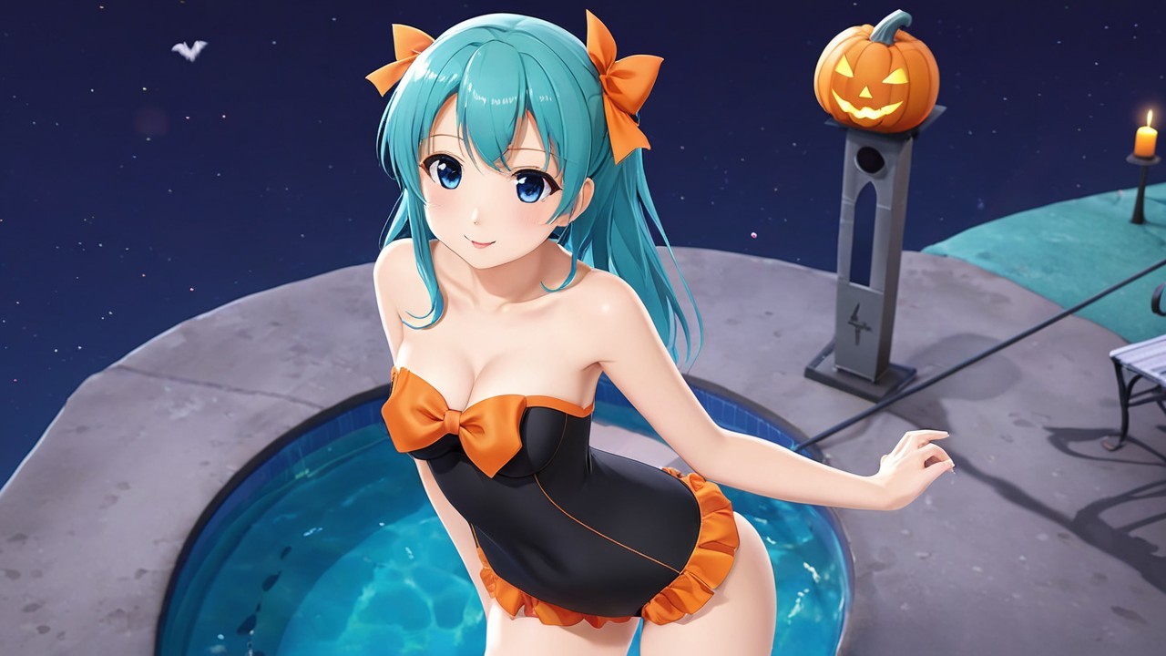 Playful Anime Character by Pool Under Starlit Sky