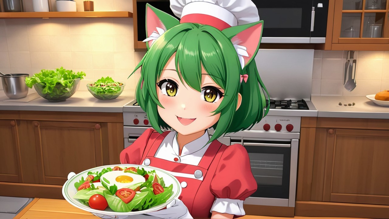 Cheerful Character in Cozy Kitchen with Salad Display