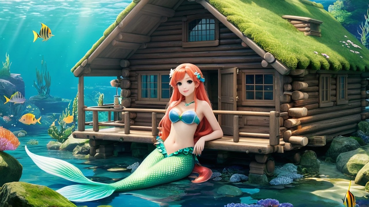 Underwater Scene with Log Cabin and Mermaid