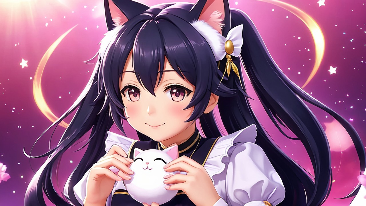 Cheerful anime girl with cat ears and plush toy