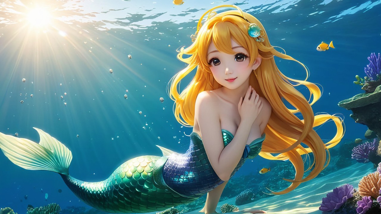 Underwater Scene with Mermaid and Coral Reefs