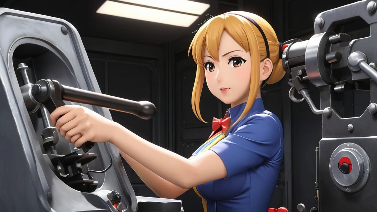 Young woman in blue outfit operating control panel