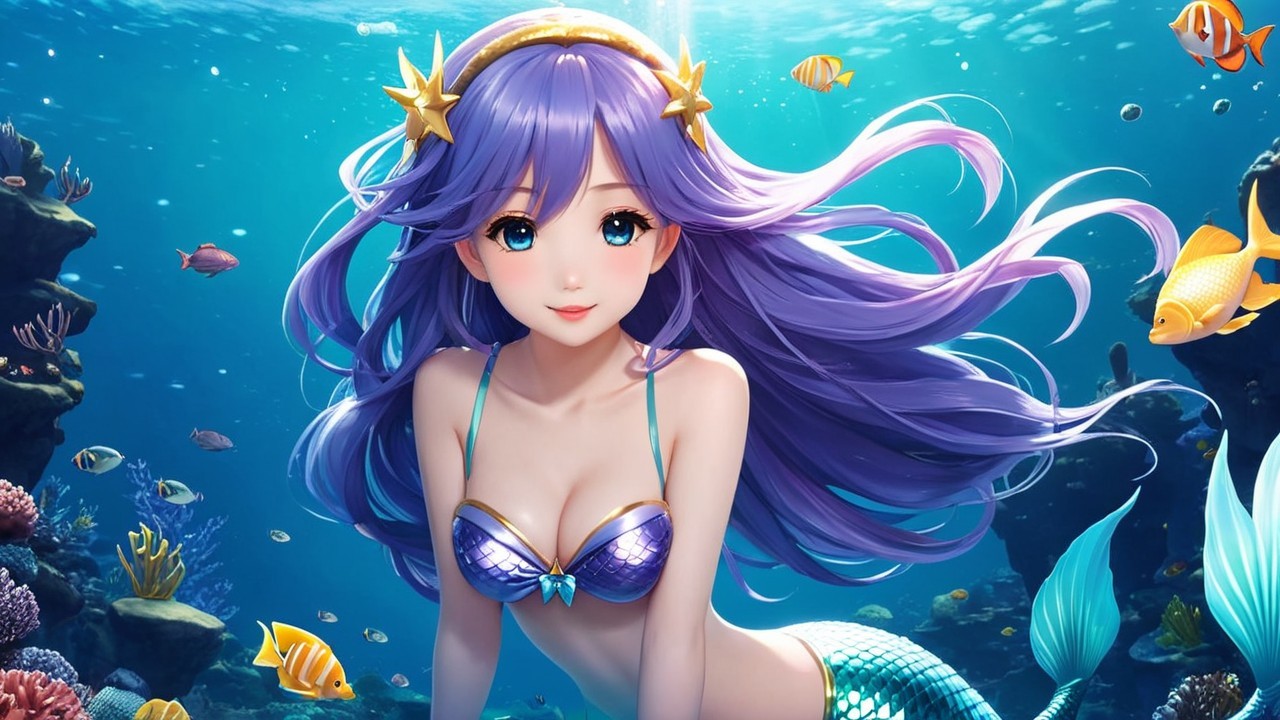 Vibrant Underwater Scene with a Mermaid and Marine Life