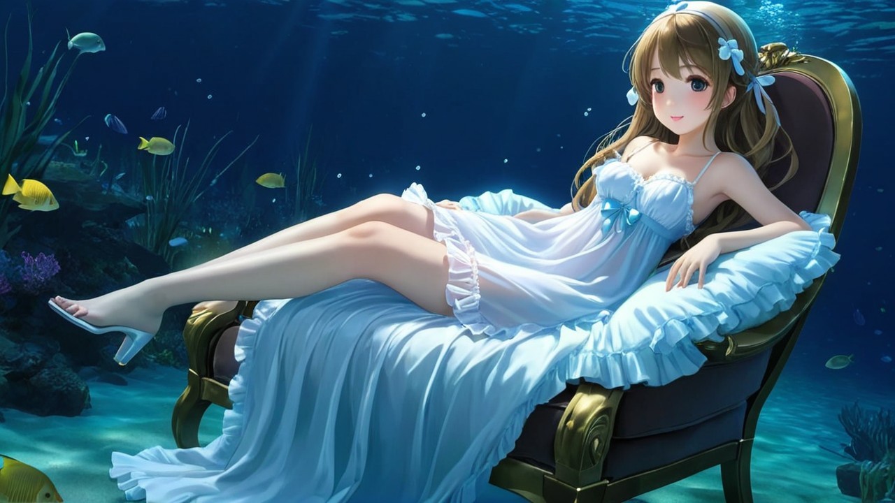 Underwater Scene with a Woman in a White Dress