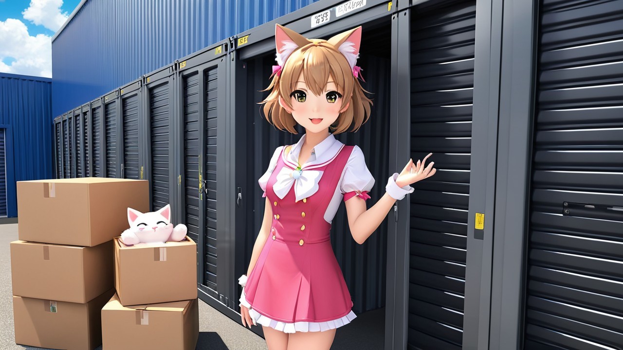 Cheerful anime girl with cat ears outside storage facility