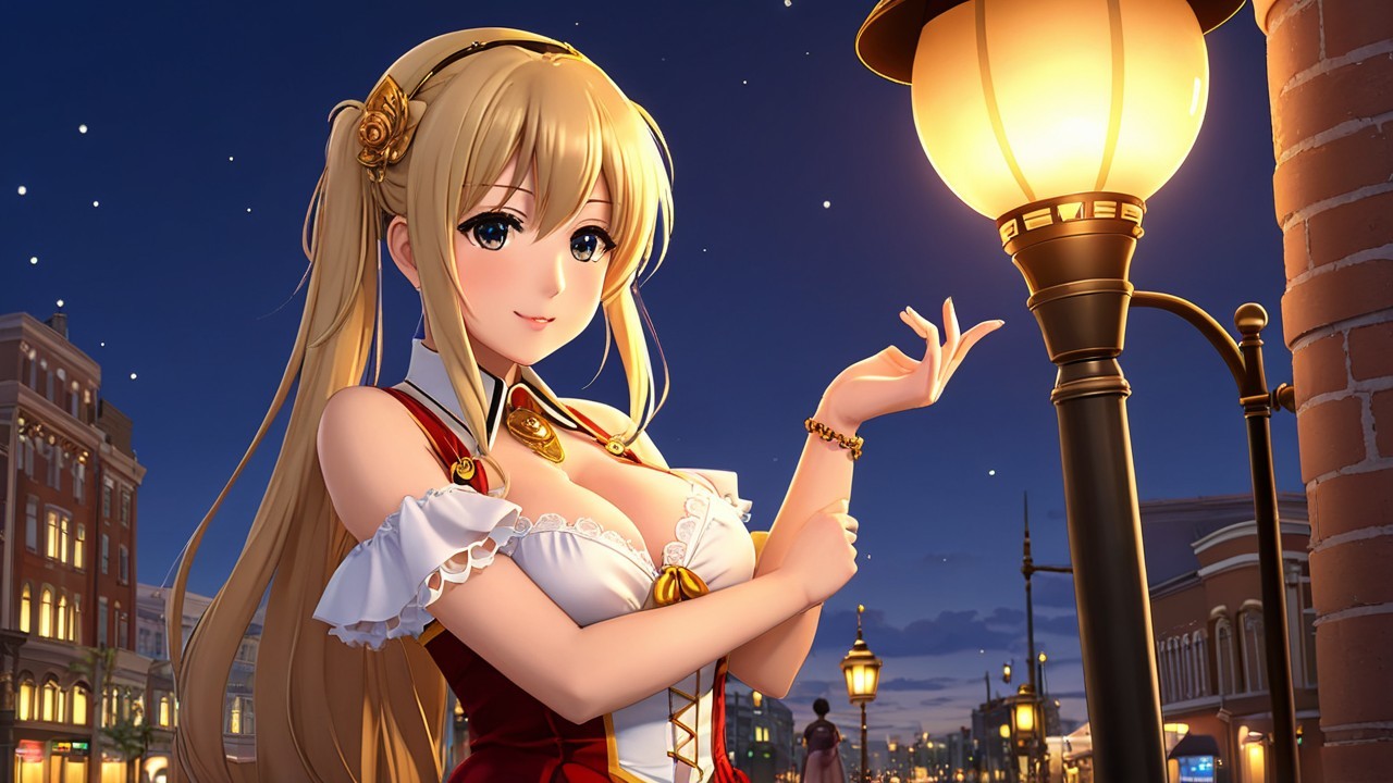 Animated character under streetlamp at twilight