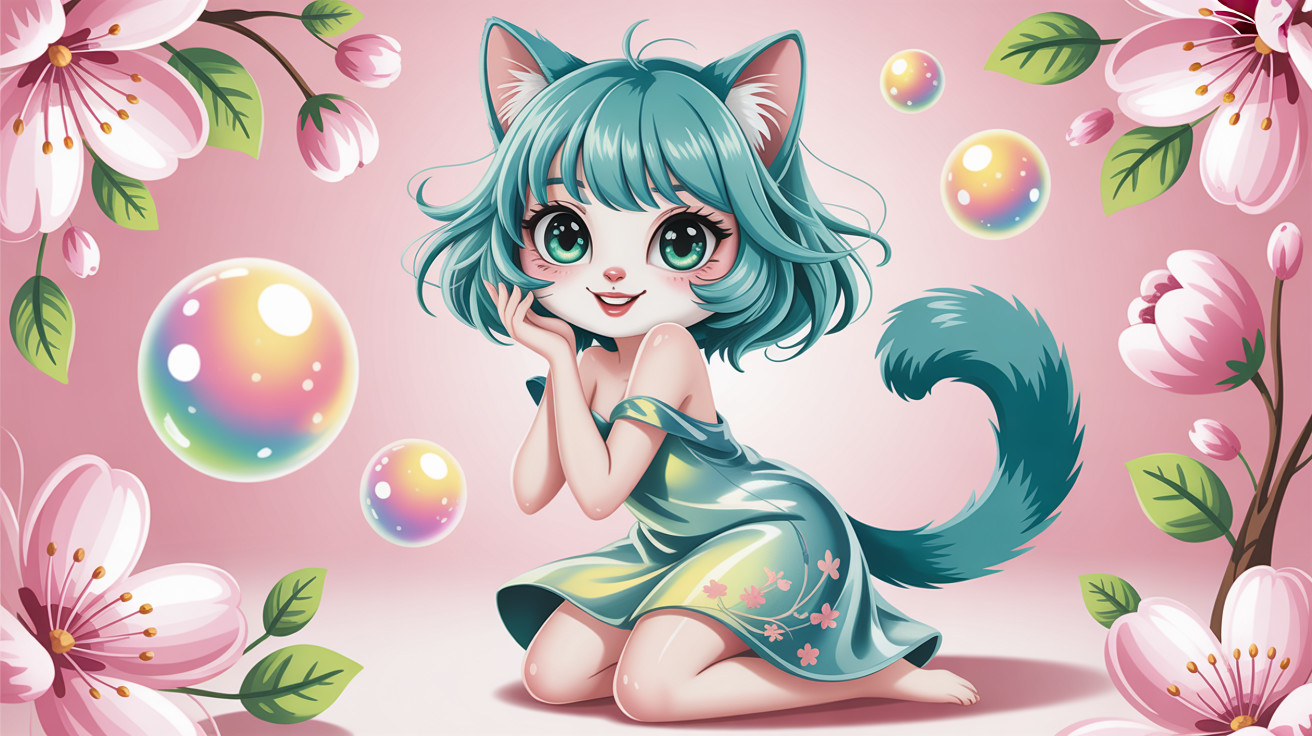 Chibi Cat Girl with Teal Hair and Pink Background