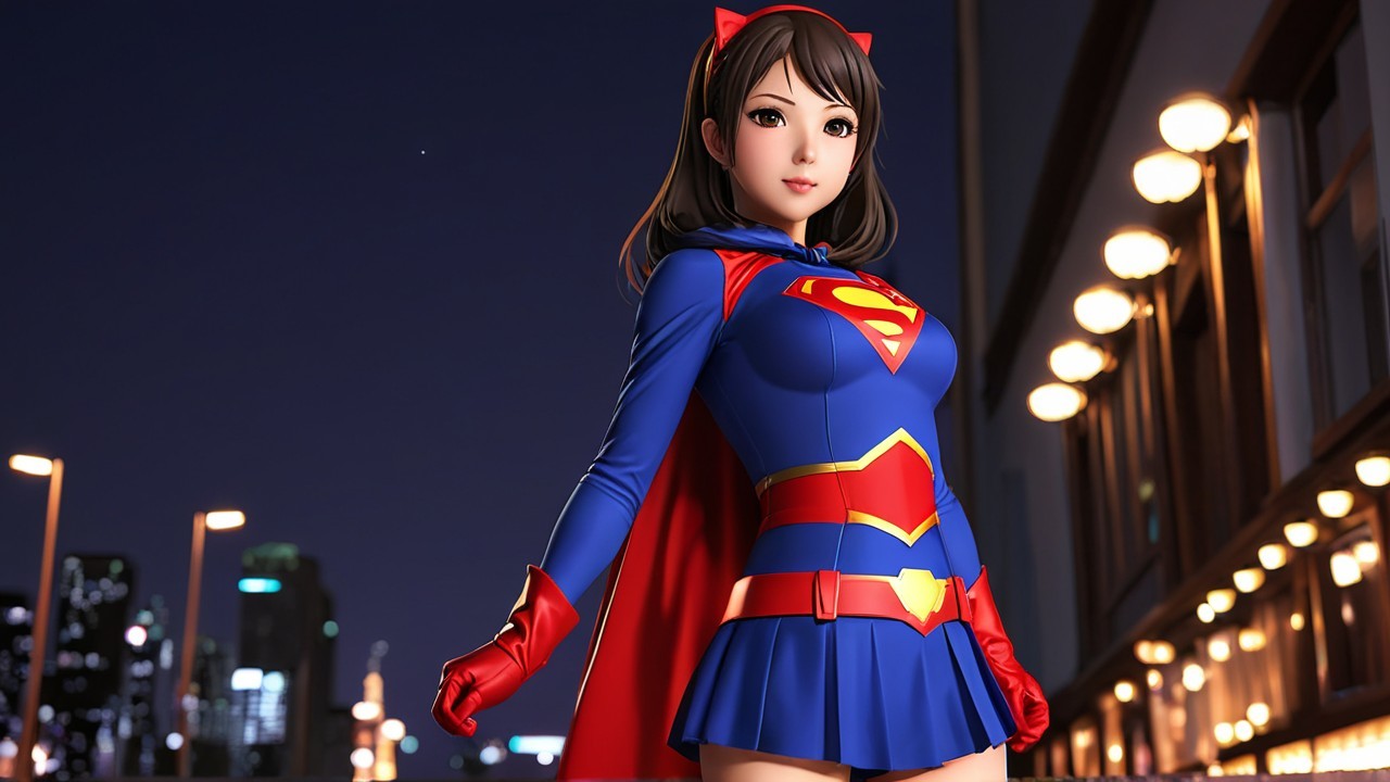 Confident Young Woman in Superhero Costume at Night