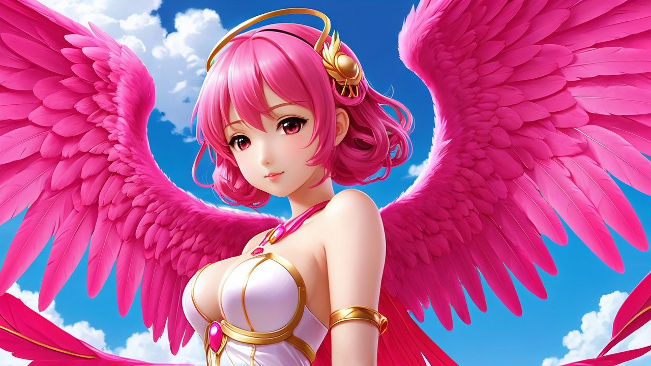 Character with Pink Hair and Majestic Wings in Sky