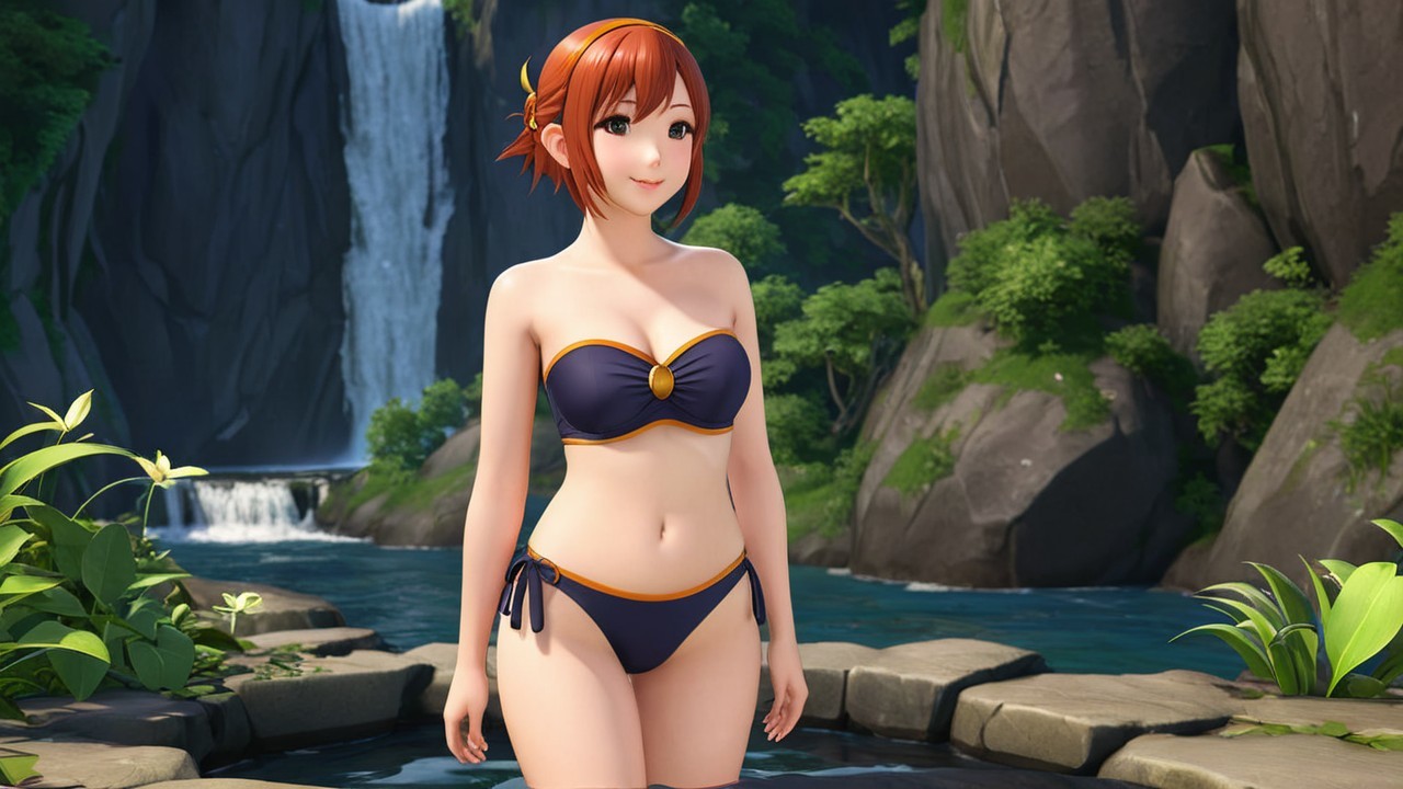 Cheerful character by serene waterfall in tropical setting