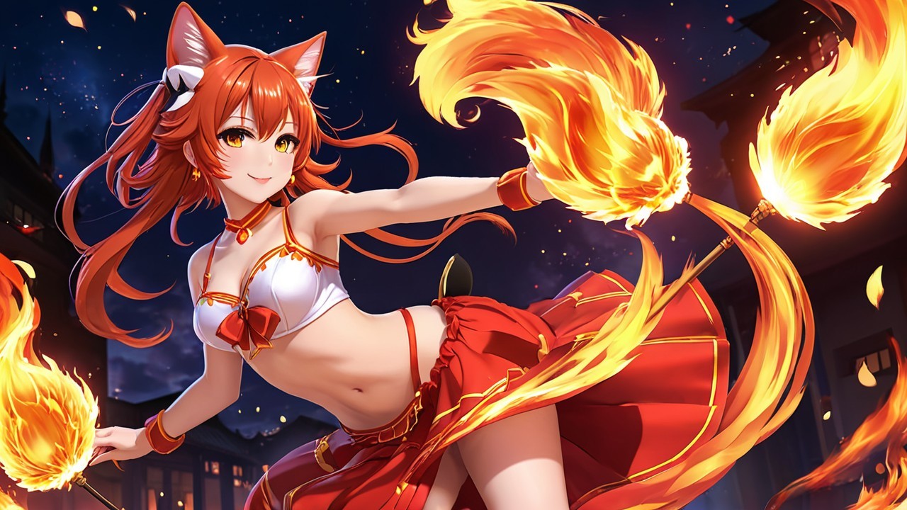 Dynamic character with red hair and fox ears in flames