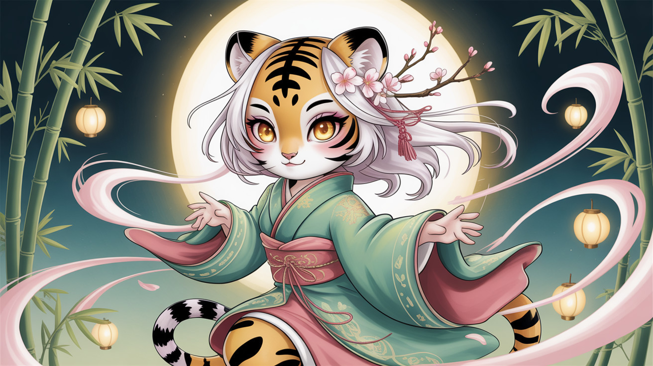 Anime Illustration of a Tiger Girl in a Kimono