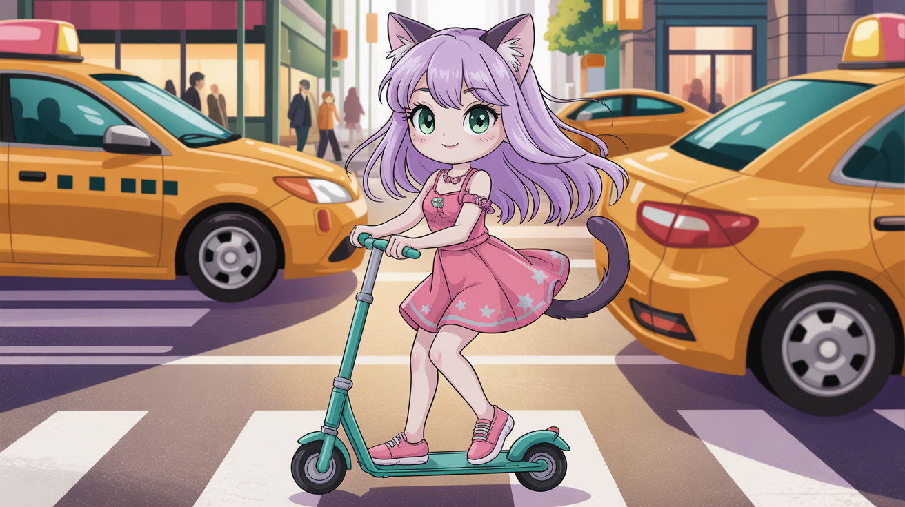 Vibrant Anime Chibi Cat Girl Riding a Scooter
