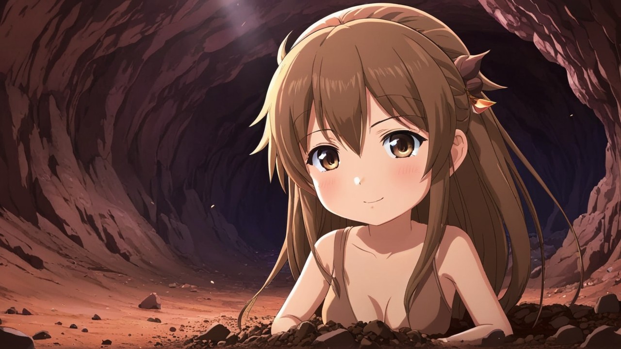 Young Girl Peeking from Cave with Whimsical Atmosphere