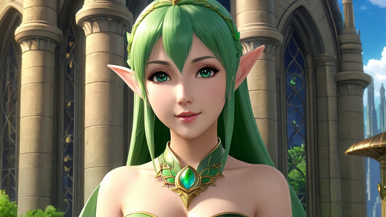 Fantasy Character with Green Hair and Elegant Outfit
