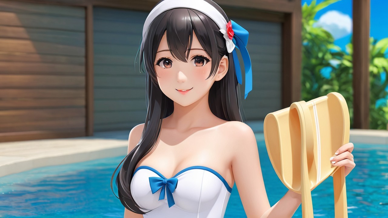 Cheerful girl by sparkling pool in stylish swimsuit