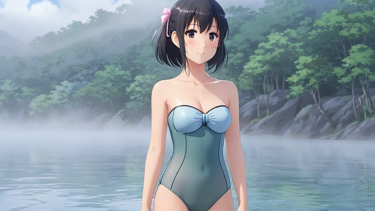 Cheerful Woman in Aqua Swimsuit by Misty Water