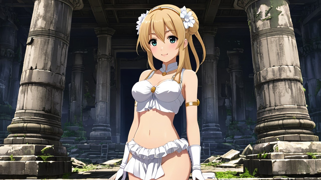 Cheerful Anime Character in Ancient Stone Ruins