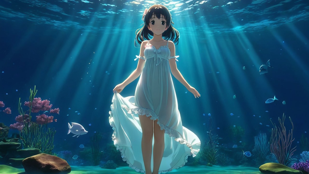Underwater Scene with Girl in Light Blue Dress