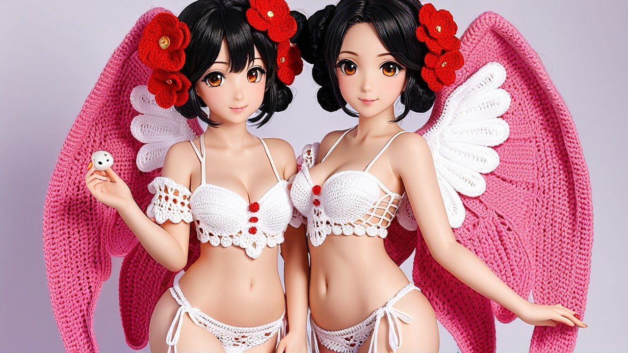Stylized dolls with intricate outfits and whimsical wings