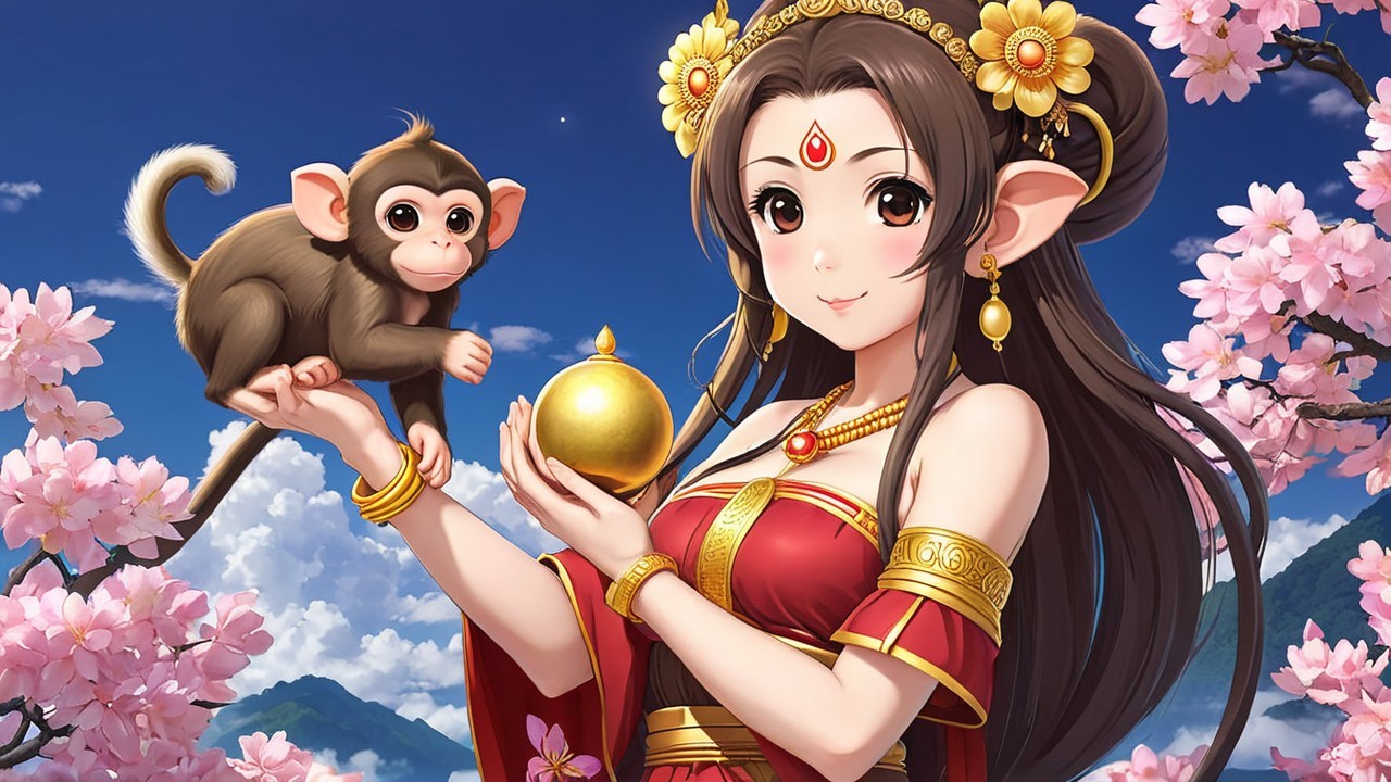 Young woman in red and gold attire with monkey and blossoms