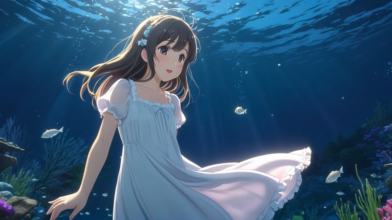 Young girl in white dress swimming underwater with fish