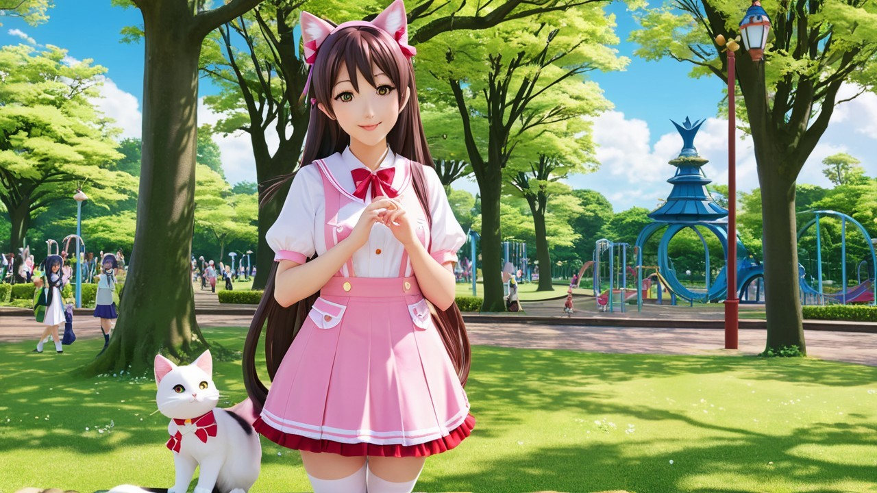 Cheerful girl in pink dress with cat in vibrant park