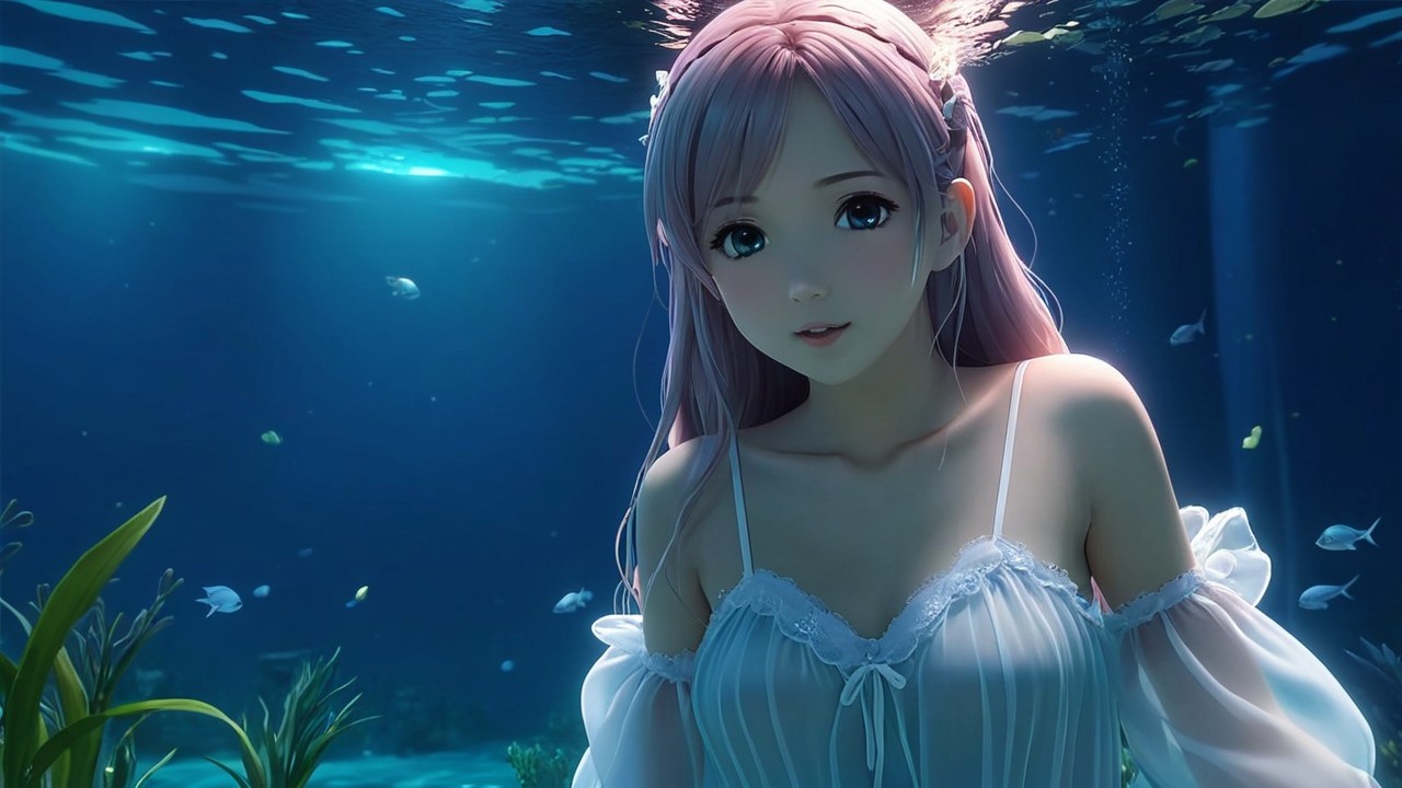 Underwater Scene with Young Woman and Aquatic Life