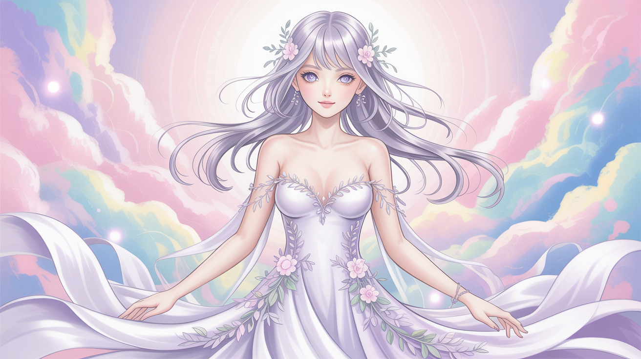 Elegant anime girl in white gown with floral details