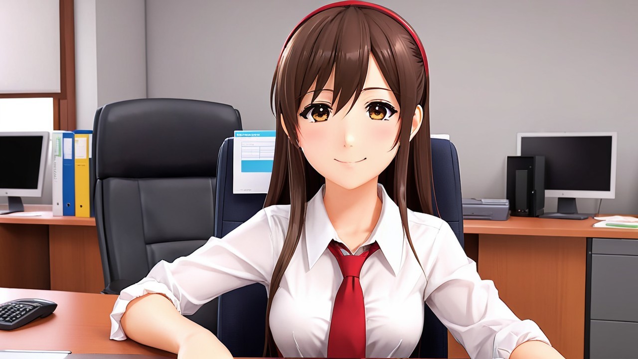 Young Woman at Modern Office Desk in Professional Attire