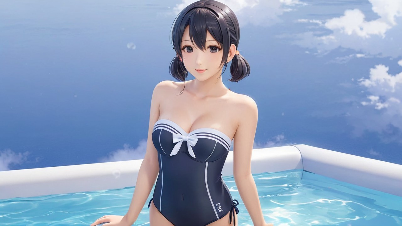 Young woman in a black swimsuit at a poolside setting