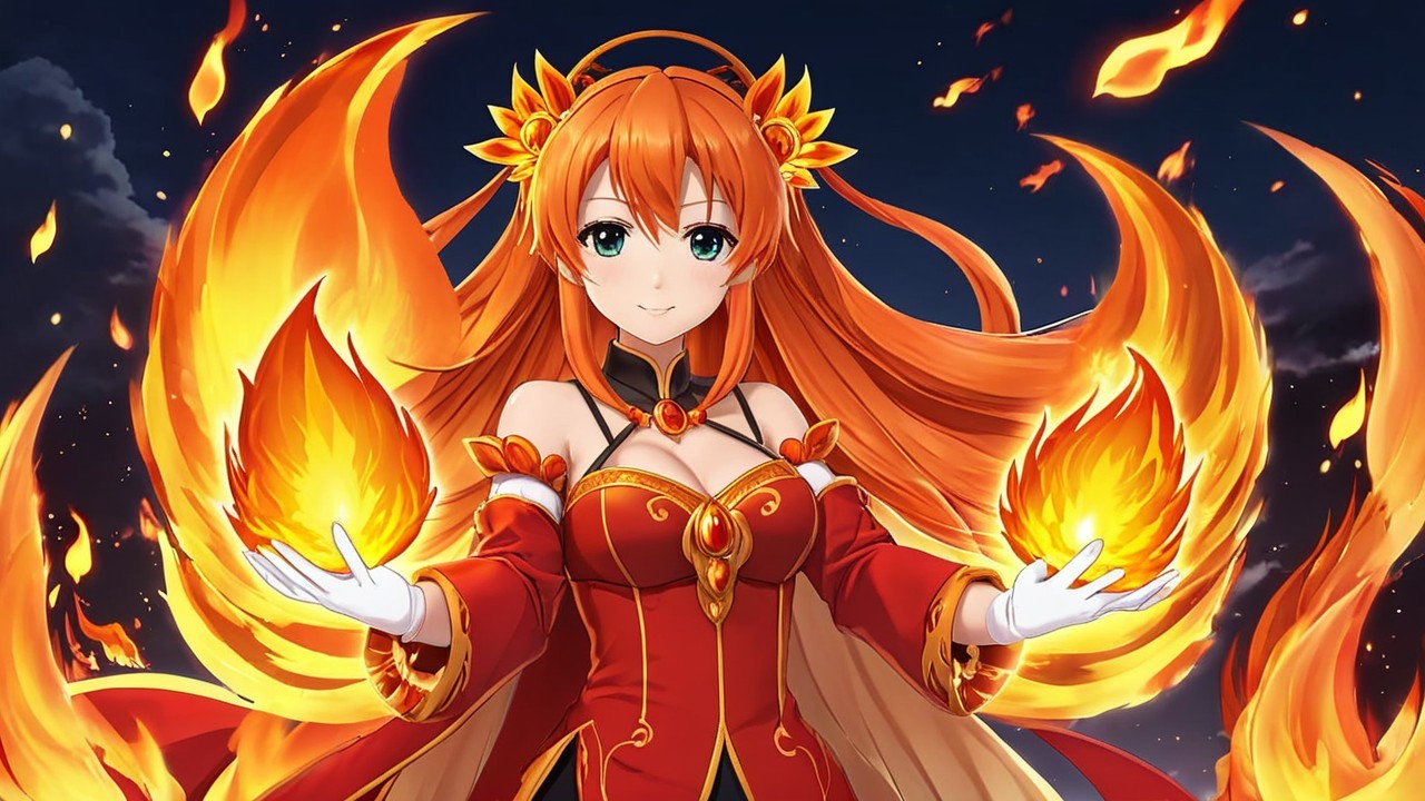 Vibrant Character with Fiery Theme and Night Sky Background