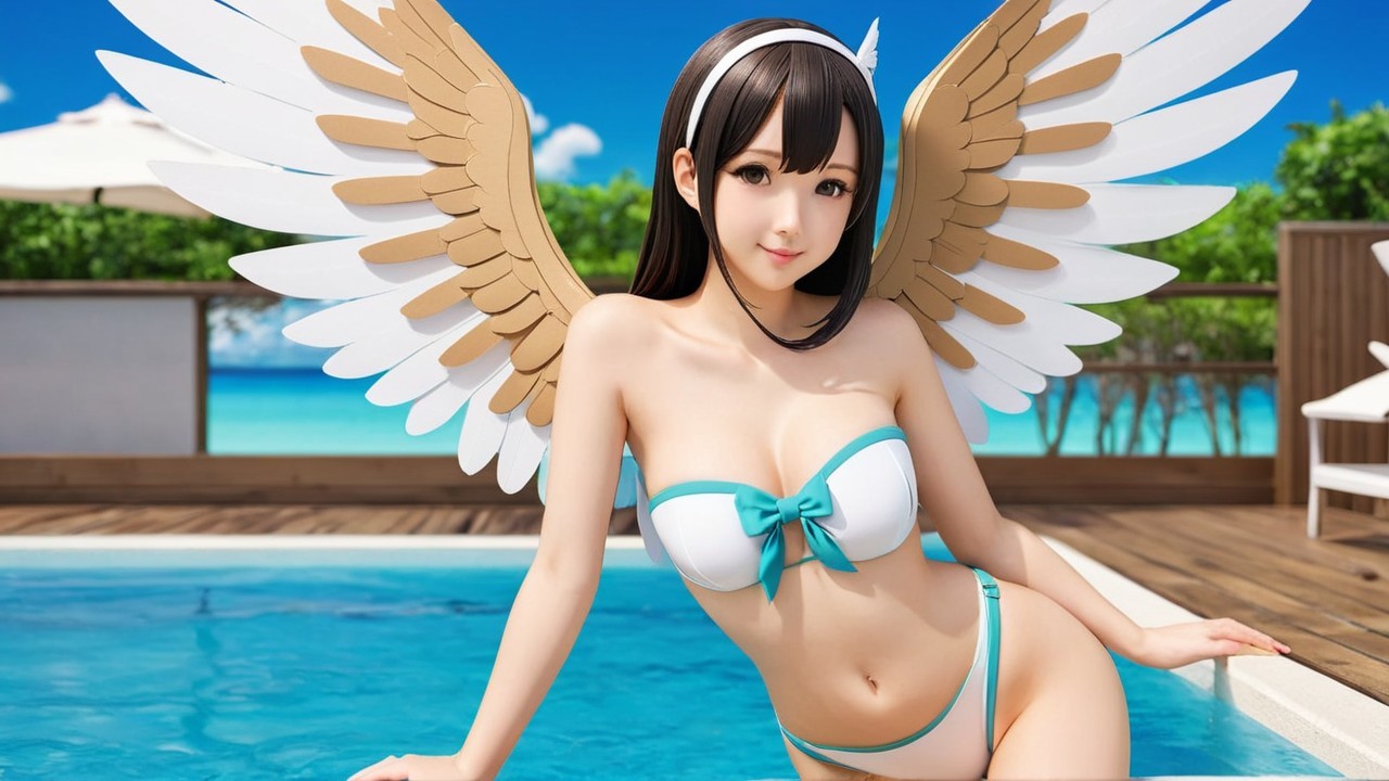 Character with Feathered Wings by Poolside in Summer