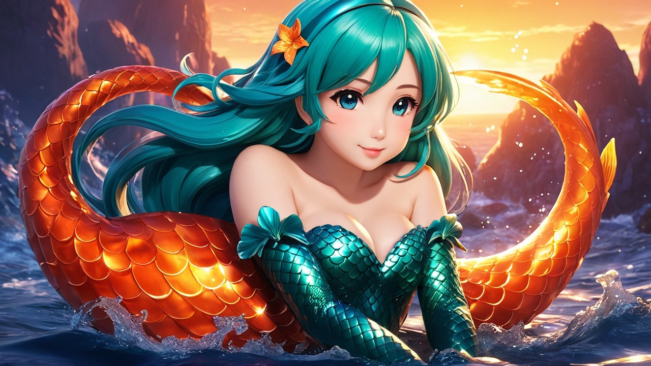 Illustration of a mermaid on a rock at sunset