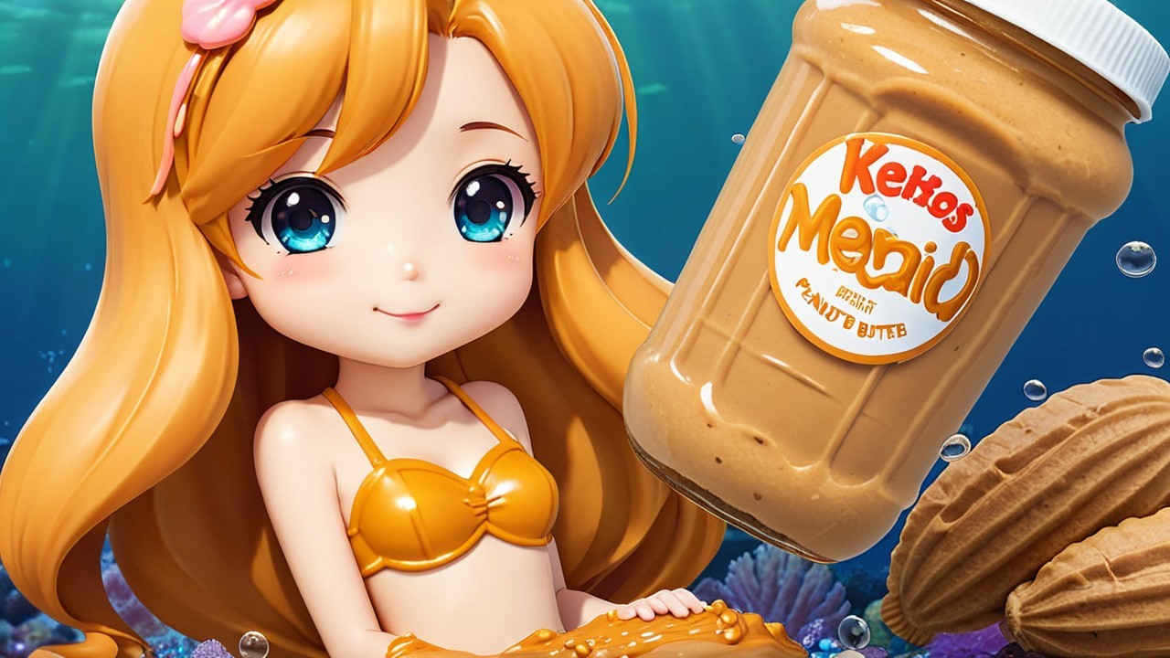 Cheerful animated character in underwater scene with peanut butter