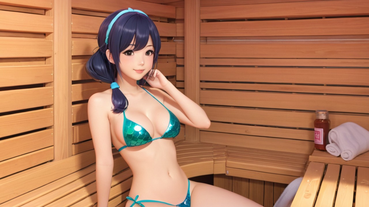 Young woman in turquoise bikini in wooden sauna